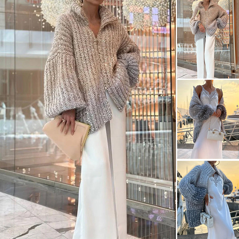 Sweter dzianinowy z jednolitymi cekinami